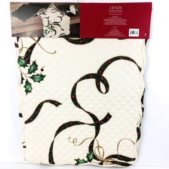 Lenox Christmas Reversible Table Runner Quilted Nouveau Ribbon Pattern 14x36 New - Picture 3 of 3